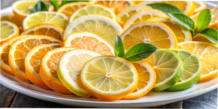 Sliced lemon and orange arranged beautifully on a white plate with green leaves for a fresh summer display