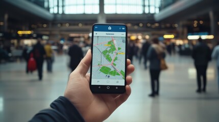 Tourist is holding a smartphone displaying a navigation app with a map of the city, providing directions and guidance within a busy airport terminal