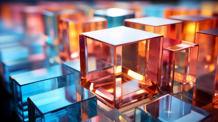 Abstract background of reflective neon purple, blue and orange glass cubes with copy space
