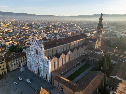 Aerial drone view of the Basilica di Santa Croce di Firenze in Florence, Italy.