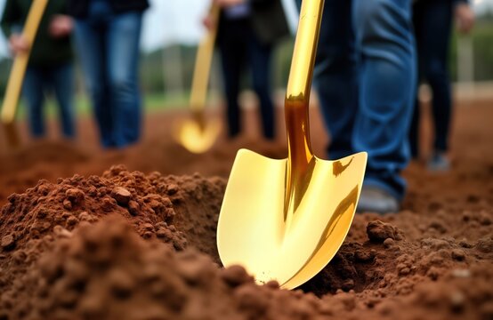 Gold ceremonial spade used for groundbreaking ceremony. People participating in construction project. Event marks start of new development. Construction project begins at outdoor location. Golden