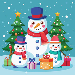 Snowman Family Celebration. snowman with gifts