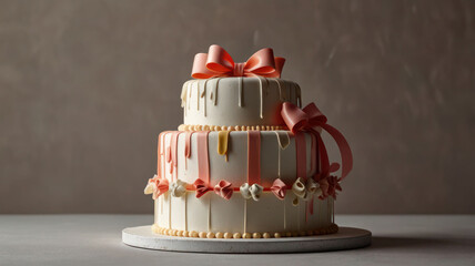 Festive tiered birthday cake with icing ribbons and bows cut out on an isolated simple minimalist background