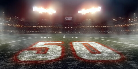American football field view showcasing 50-yard line perspective, sports theme, background