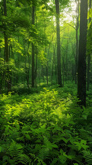 Obraz premium A Vibrant Forest Habitat: Encompassing Diverse Flora Under Sunlit Canopies With Rich Ecosystem