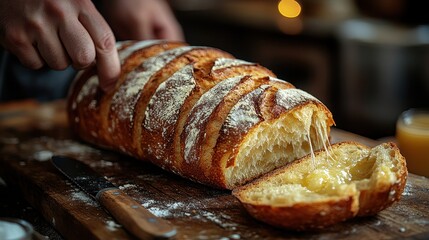 Freshly sliced bread with melted cheese, served on a wooden board.