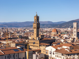 Aerial drone view of the tower of Palazzo Vecchio in Florence, Italy.