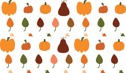 A pattern of pumpkins and leaves is shown in a variety of sizes and shapes. Stock vector illustration