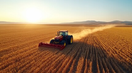 Fototapeta premium Golden Hour Harvest: Tractor in a Vast Wheat Field