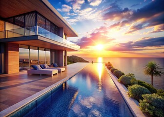 Fototapeta premium Luxury home design: modern villa, infinity pool, breathtaking ocean views. Architectural photography captures stunning details.