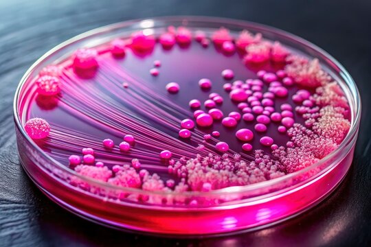 Microscopic pink E. coli colony, meticulously detailed in a high-resolution MacConkey agar subculture image.