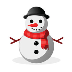 A snowman with a red scarf and a black hat vector on white background.
