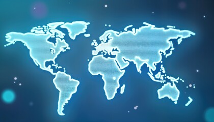 Naklejka premium Digital world map on light blue background. Global network connections highlighted. Illustration evokes international business, global connectivity. Modern tech design. Futuristic abstract concept.