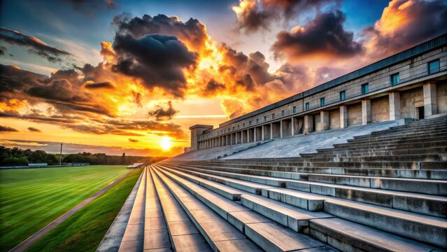 Monumental Zeppelin Field's silhouette dominates the Nuremberg dusk, its shadowed architecture a powerful historical image.