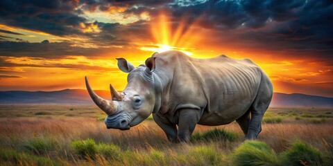 Fototapeta premium Mystical wildlife photography reveals a rhino horn's ethereal glow, a breathtaking spectacle of nature's wonder.
