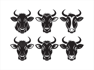 Cows with cow horns vector. Cow face cow head. black and white. Bull and buffalo head. cow animal mascot logo design vector Black and white. cow illustration Set