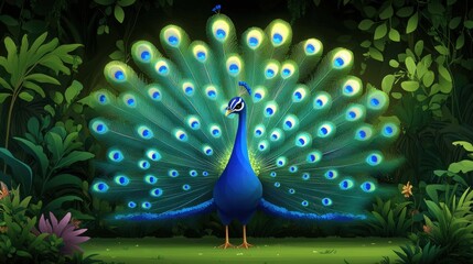 Obraz premium Stunning Peacock Display in Lush Jungle Setting with Vibrant Plumage and Intricate Feather Patterns Captures the Beauty of Nature's Exotic Birds in a Mystical Forest