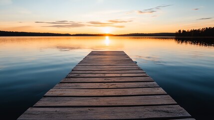 Fototapeta premium a dock extending into a lake at sunset