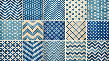 Vintage Style Blue & White Geometric Abstract Patterns: Chevron, Stripes & Dots