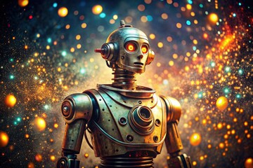 Fototapeta premium Retro robot, bathed in futuristic glow, particles dance in a vintage sci-fi dreamscape.