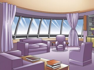 Cartoon style modern living room with purple furniture and curtains on panoramic window. Vector cartoon illustration of empty lounge interior with sofa, table