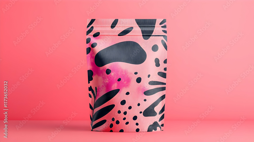Poster pink pouch bag mockup with abstract design on a pink background. the pouch has a zipper closure and 