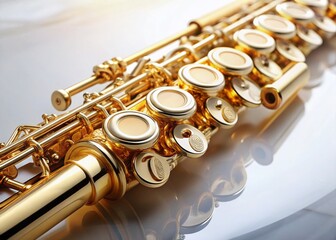 Naklejka premium Vintage Style Photo: Gold Flute on White Background - Symphony Orchestra Instrument