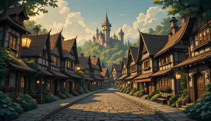 Step Back in Time with a Medieval Village Cartoon Background