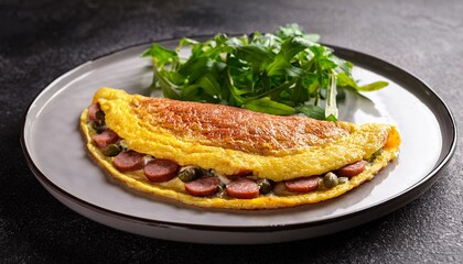 fried omelet filled with sausage omelette with arugula and capers
