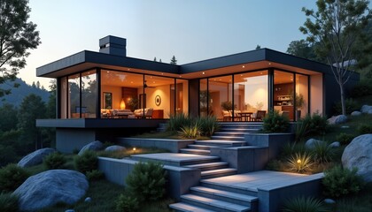 Fototapeta premium Modern minimalist house with large windows sits on hillside. Evening light illuminates home. Landscaped area features terraces, stairs, plants. Exterior design contemporary, geometric. Peaceful,
