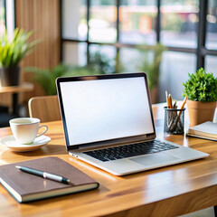 Laptop with blank screen on wooden desk, coffee cup, notebook, and pencils.