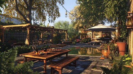 A serene outdoor space with a pool, seating, and greenery for relaxation and gatherings.