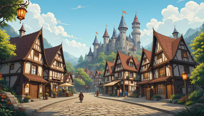 Step Back in Time with a Medieval Village Cartoon Background