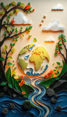 Paper art , Ecology and world water day , Saving water and world Environment day, environmental protection and save earth water, Backlit, with white tones