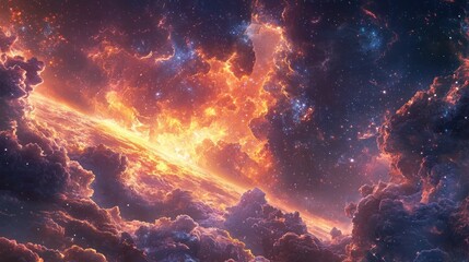 Fototapeta premium Fiery Celestial Horizon: A cosmic landscape of incandescent clouds and nebulae, stars scattered across a vibrant, fiery sky. An otherworldly view of a planet's horizon bathed in warm, ethereal light.