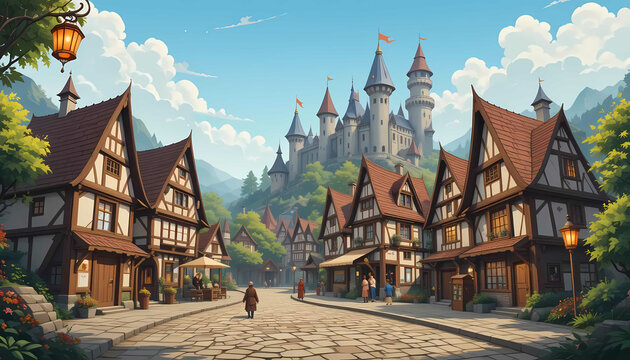 Step Back in Time with a Medieval Village Cartoon Background