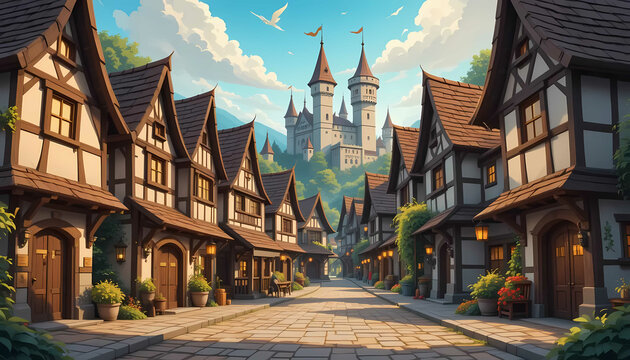 Step Back in Time with a Medieval Village Cartoon Background