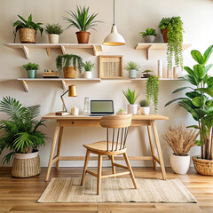 Cozy home office with wooden desk, chair, and abundant indoor plants on shelves.