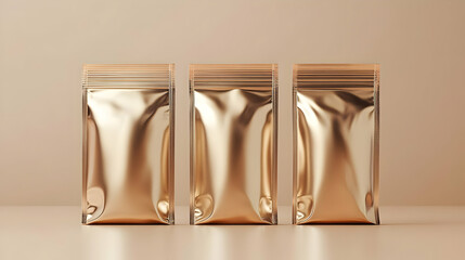 Three metallic gold stand-up pouches on a beige background.  These elegant, empty packaging mockups are perfect for showcasing your product.