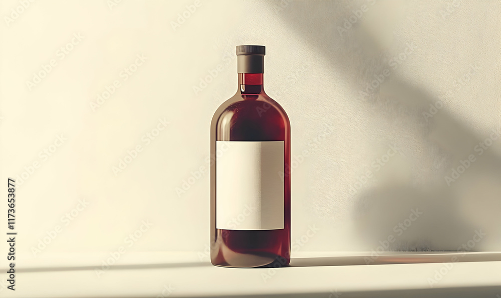 Poster a single red wine bottle with a blank label sits on a white surface, illuminated by a soft light cre