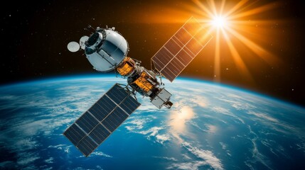 Satellite with Foldable Solar Panels in Space