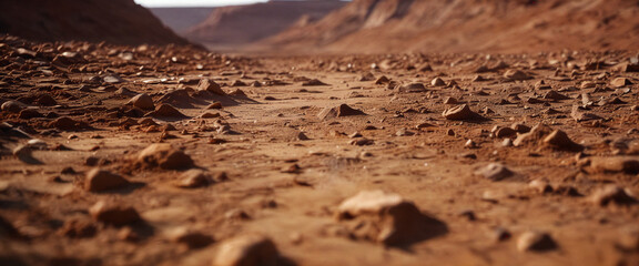 Rocky terrain with scattered stones in a dry valley under bright sunlight in a desert landscape