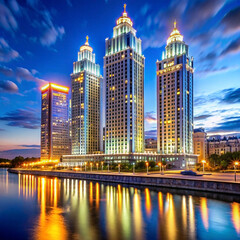 Obraz premium Three illuminated skyscrapers reflected in calm water at twilight.