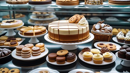 Naklejka premium Glass display case filled with an enticing variety of pastries, featuring colorful cakes, tarts, and sweet treats