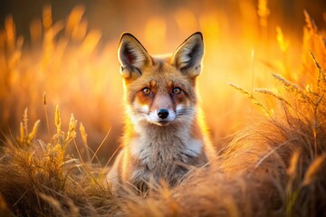 Fototapeta premium Vintage Sunset Portrait: Red Fox in Dry Grass Field