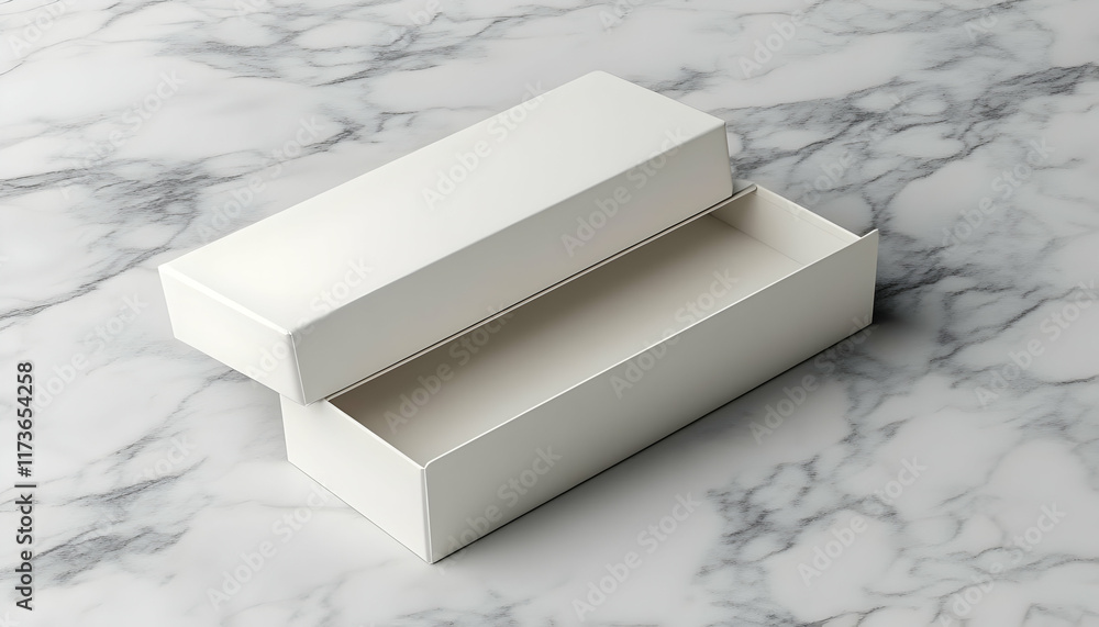 Poster white rectangular box, slightly open, on marble surface. the box is empty and ready for product plac