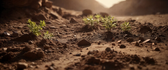 New plants sprouting in dry soil at sunset near rocky landscape offering hope for regeneration and growth