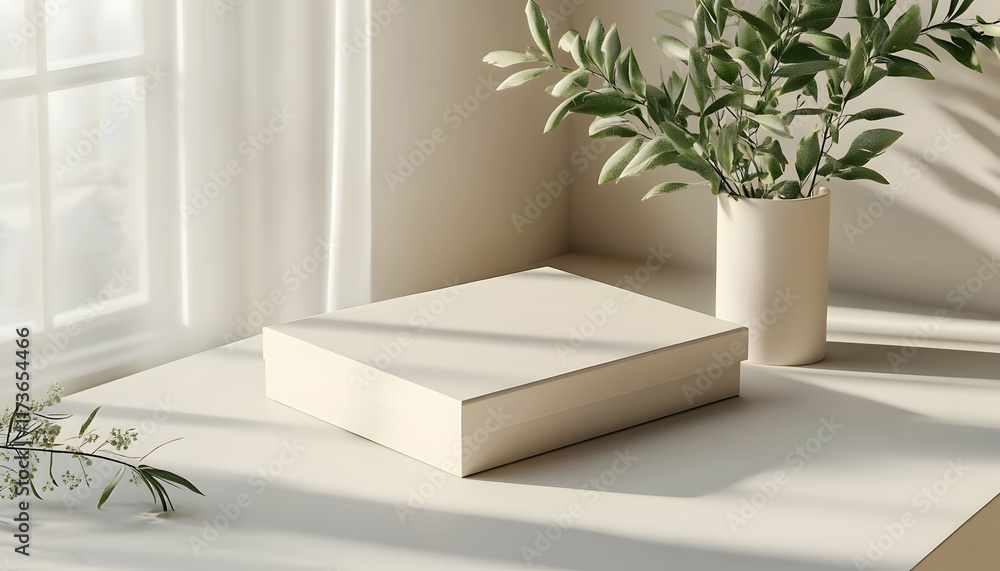 Poster a minimalist styled image featuring a blank box on a beige table, next to a vase of greenery, with s