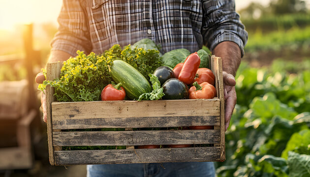 Farmer holding a crate of fresh vegetables