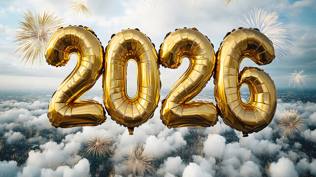 Festive 2026 background with balloons and fireworks